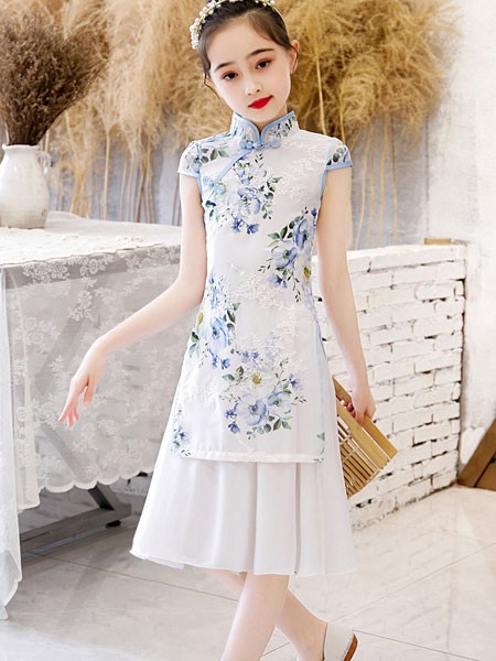 Floral Chiffon Kid Girls Cheongsam / Qipao Dress with Frill Hem