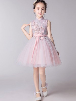 Pink Embroidered Flower Girl Tulle Qipao / Cheongsam Dress