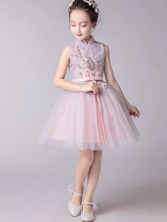 Pink Embroidered Flower Girl Tulle Qipao / Cheongsam Dress