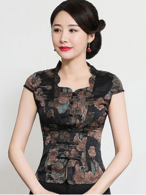 Red Black Mothers Floral Cheongsam Blouse Top