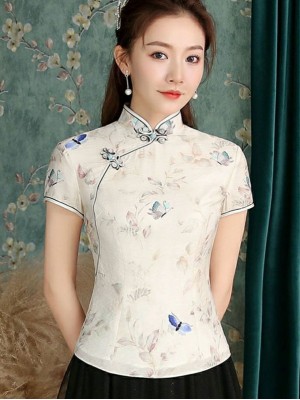 Beige Floral Qipao / Cheongsam Blouse Top