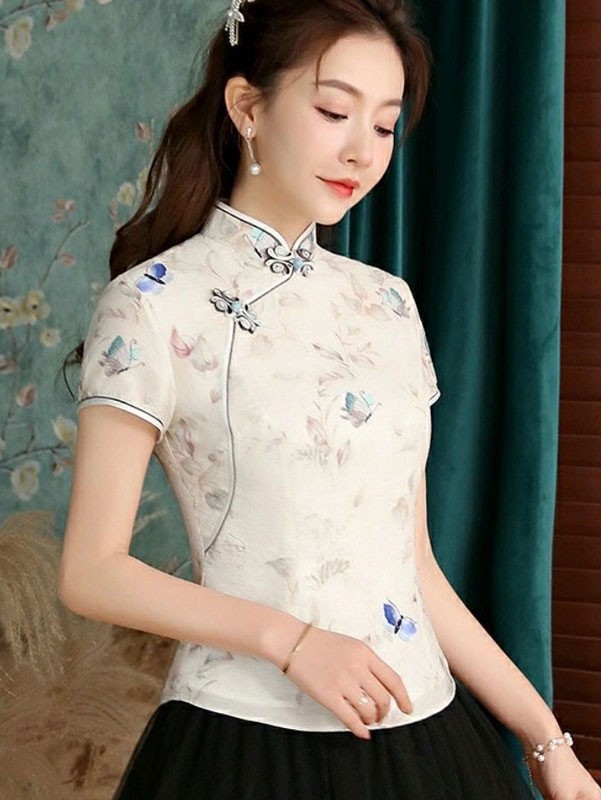 Beige Floral Qipao / Cheongsam Blouse Top