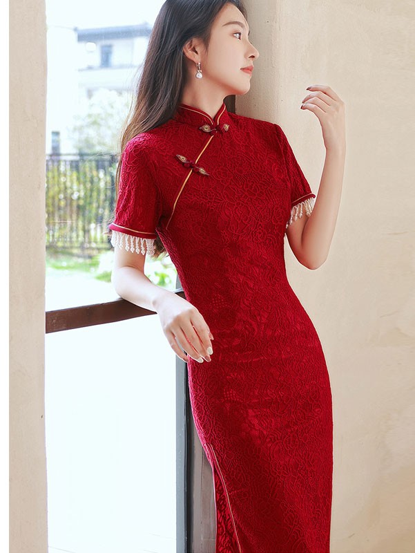 Burgundy Lace Mid Wedding Qipao / Cheongsam Dress