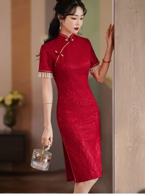 Burgundy Lace Mid Wedding Qipao / Cheongsam Dress