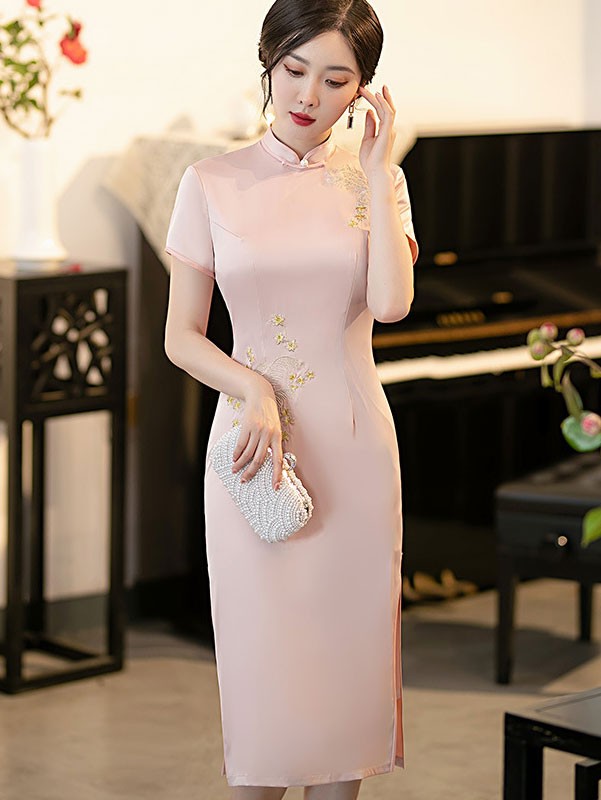 Blue Pink Mothers Embroidered Mid Qipao / Cheongsam Dress
