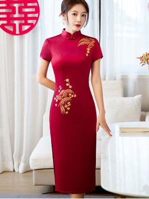 Red Bridal Mothers Embroidered Mid Qipao / Cheongsam Dress