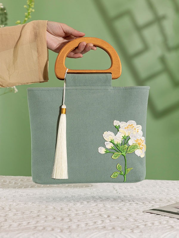 Embroidered Linen Wooden Handle Handbag