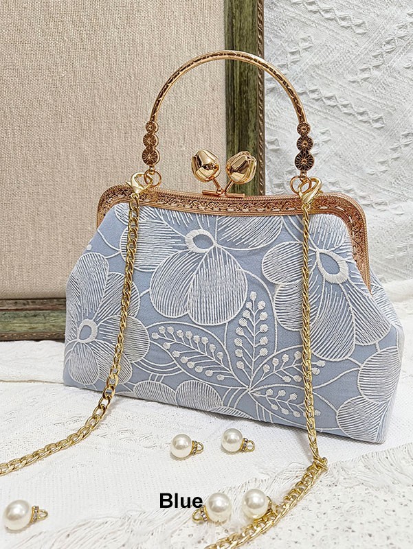 Blue Green Floral Lace Chain Top Handle Clutch Handbag