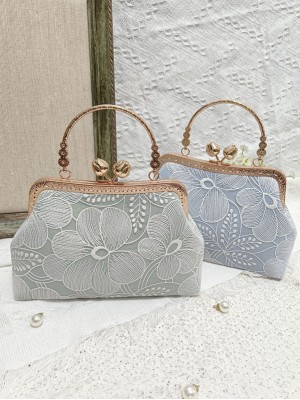 Blue Green Floral Lace Chain Top Handle Clutch Handbag