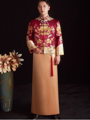 Colorblock Men Dragon Wedding Qun Kwa, Jacket & Skirt