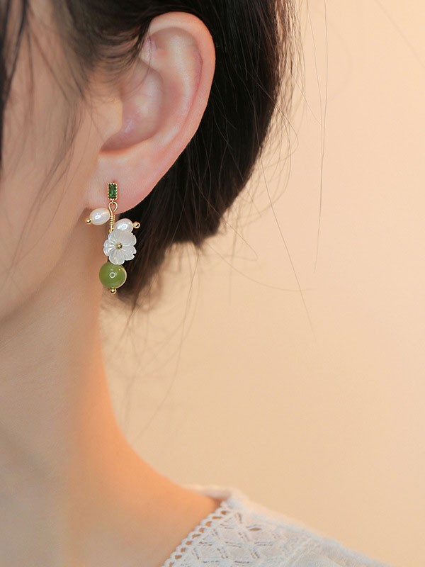 Silver Green Jade Pearl Drop Dangle Earrings
