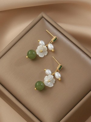 Silver Green Jade Pearl Drop Dangle Earrings