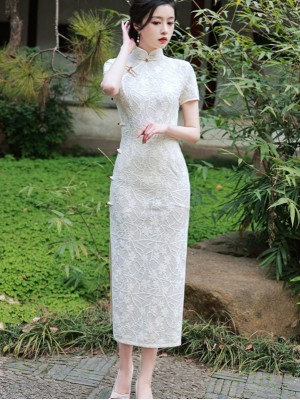 Beige Green Floral Lace Cheongsam / Qipao Dress