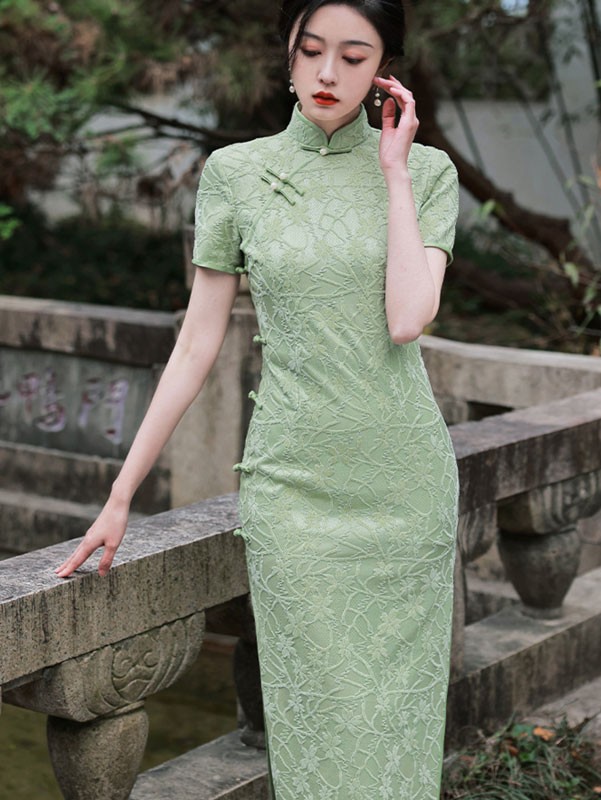Beige Green Floral Lace Mid Cheongsam / Qipao Dress