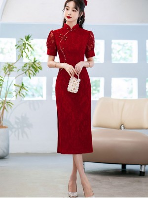 Burgundy Lace Mid Wedding Qipao / Cheongsam Dress