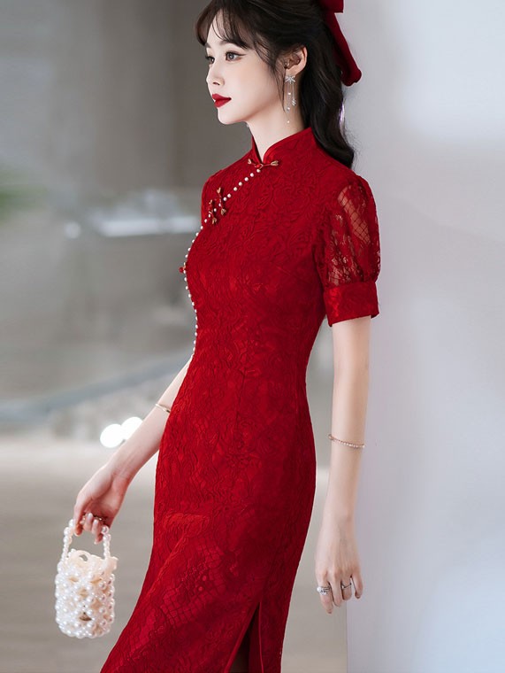 Burgundy Lace Mid Wedding Qipao / Cheongsam Dress