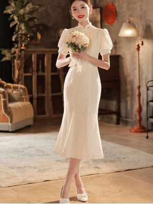 White Lace Fishtail Wedding Cheongsam / Qipao Dress with Puff Sleeve