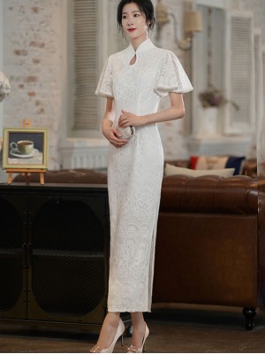 White Lace Wedding Qipao / Cheongsam Dress with Flutter Sleeve