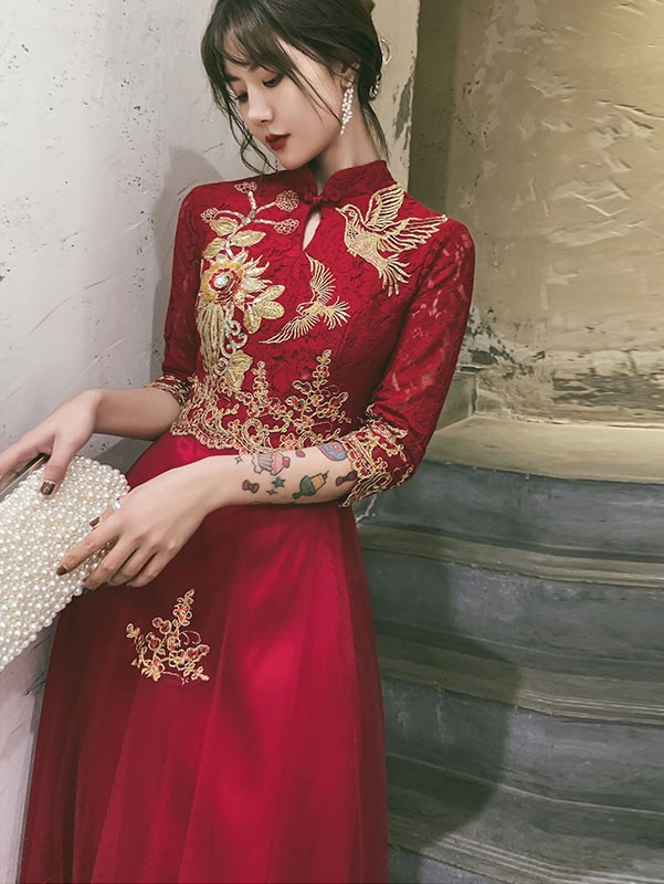 Burgundy Floor Length Wedding Qipao / Cheongsam Dress