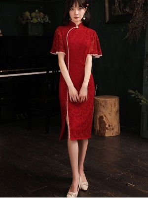 Burgundy Lace Wedding Qipao / Cheongsam Dress with Flutter Sleeve