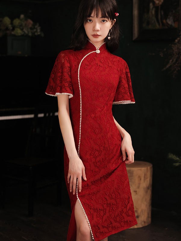Burgundy Lace Wedding Qipao / Cheongsam Dress with Flutter Sleeve