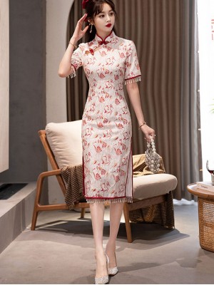 Floral Lace Beaded Mid Qipao / Cheongsam Dress