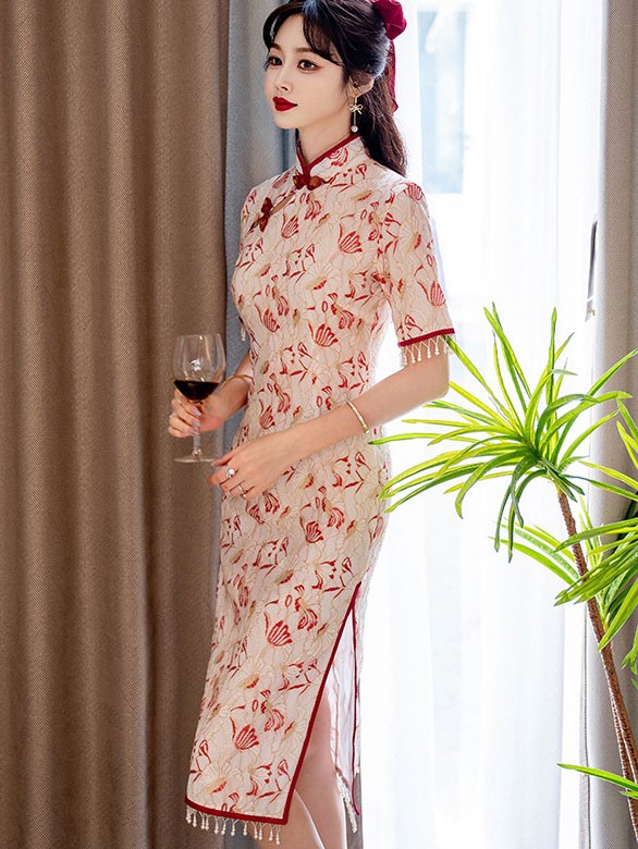 Floral Lace Mid Qipao / Cheongsam Dress