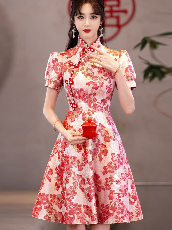 Pink Jacquard A-line Qipao / Cheongsam Dress