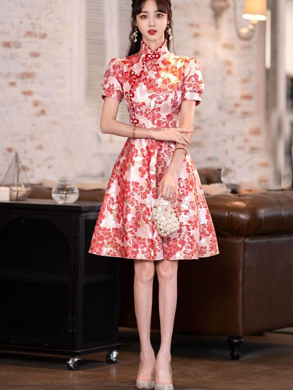 Pink Jacquard A-line Qipao / Cheongsam Dress - CozyLadyWear