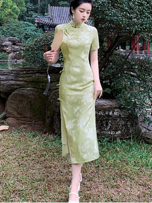 Green Jacquard Tea Length Cheongsam / Qipao Dress