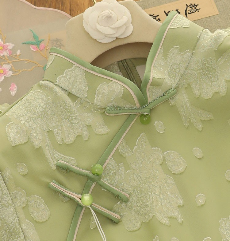 Green Jacquard Tea Length Cheongsam / Qipao Dress