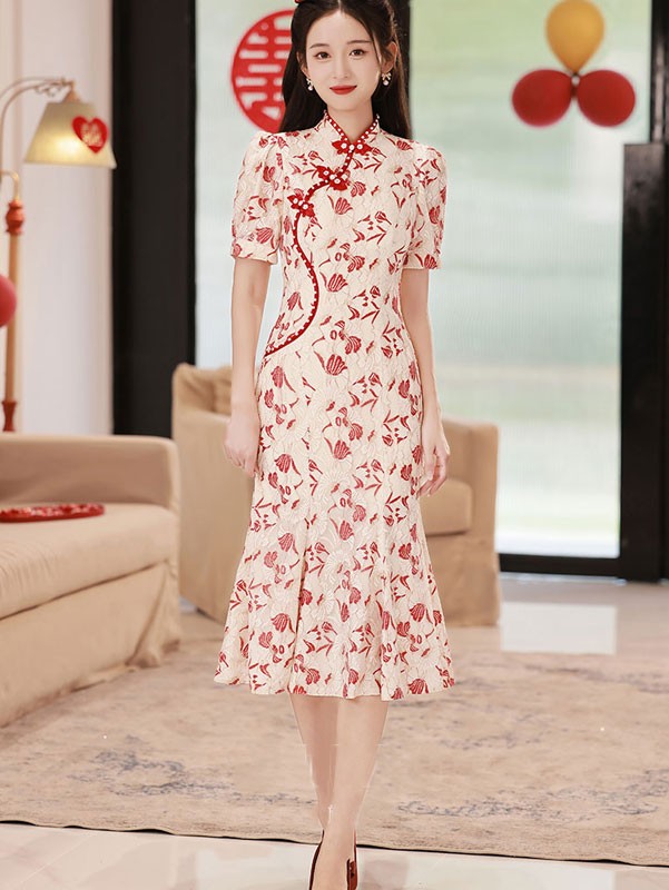 Floral Lace Tea FishtailCheongsam / Qipao Dress