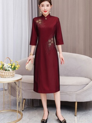 Dark Red Bridal Mothers Beaded Cheongsam Qi Pao Dress