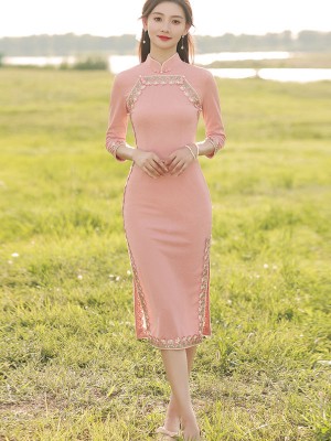 Pink Embroidered Mid Tea Qipao / Cheongsam Dress
