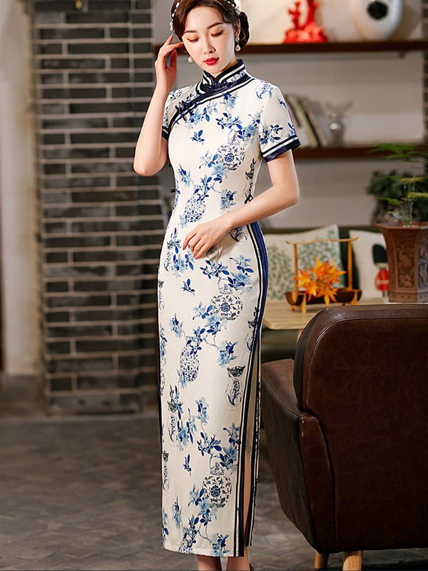 White and Blue Floral Print Qipao / Cheongsam Dress - CozyLadyWear