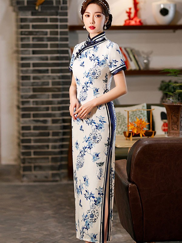 White and Blue Floral Print Qipao / Cheongsam Dress