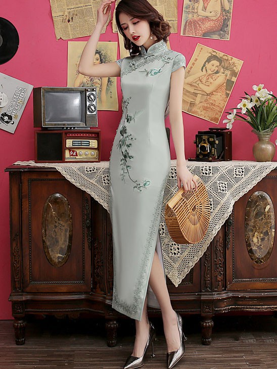 Green Embroidered Long Qipao / Cheongsam Dress with Lace Trim - CozyLadyWear