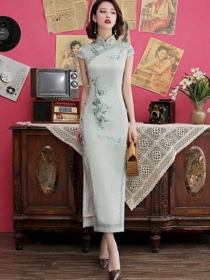 Green Embroidered Long Qipao / Cheongsam Dress with Lace Trim