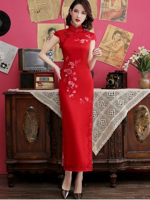 Red Embroidered Maxi Wedding Qipao / Cheongsam Dress