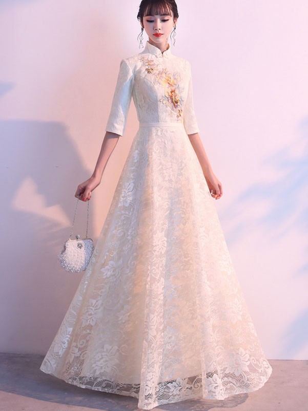 Champagne Embroidered Lace Floor Length Qipao / Cheongsam Dress