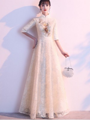 Champagne Embroidered Lace Floor Length Qipao / Cheongsam Dress