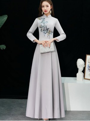 Gray Floor Length A-Line Qipao / Cheongsam Prom Dress