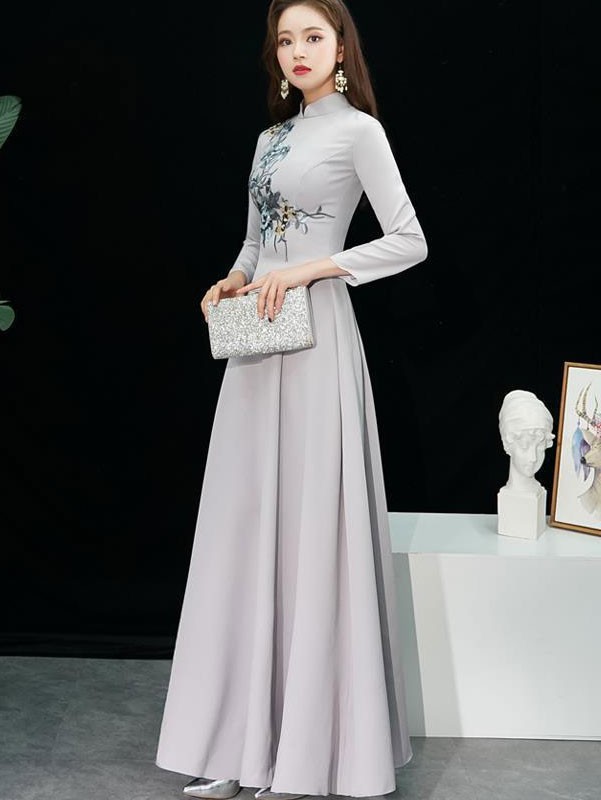 Gray Floor Length A-Line Qipao / Cheongsam Prom Dress