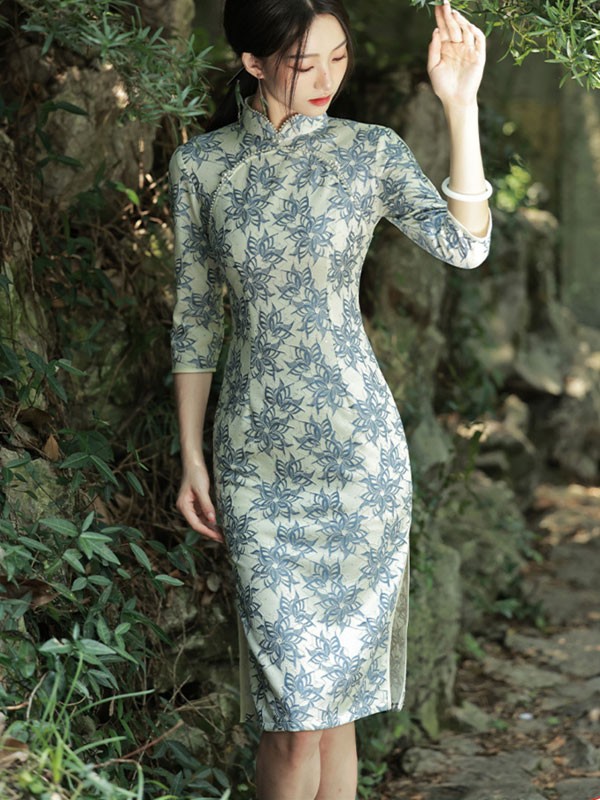 2022 Winter Blue Floral Lace Mid Cheongsam / Qipao Dress