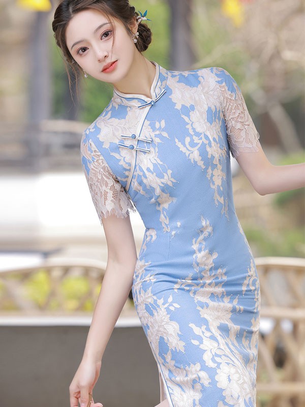Blue Floral Lace Cheongsam / Qipao Dress