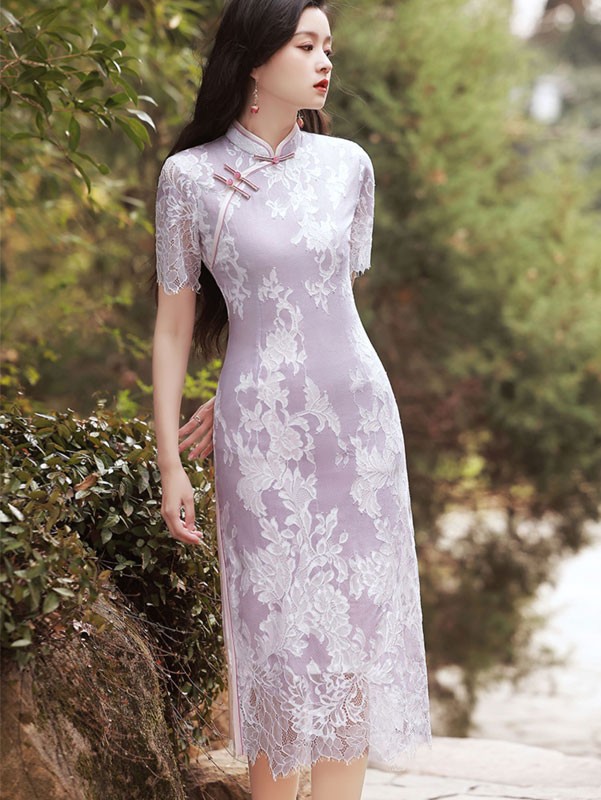 Purple Floral Lace Cheongsam / Qipao Dress