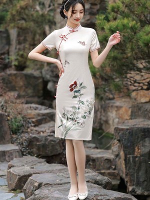 White Floral Print Mid Cheongsam / Qipao Dress