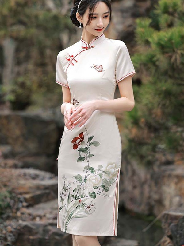 White Floral Print Mid Cheongsam / Qipao Dress