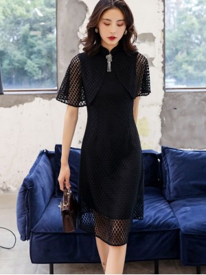 Black Lace A-Line Qipao / Cheongsam Dress with Shawl