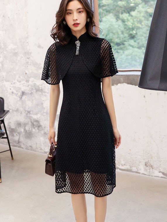 Black Lace Mid Qipao / Cheongsam Dress with Shawl